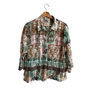 Agora Vintage Style Floral Patchwork Lace Top Size XL Snap Button Boho Festival